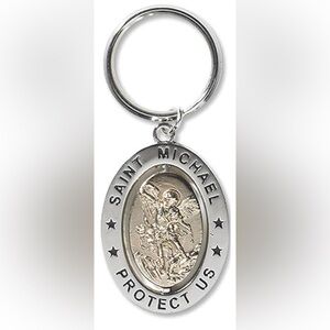Saint St Michael 3 1/4" Zinc Alloy Silver Plate Revolving Dual Tone Key Ring